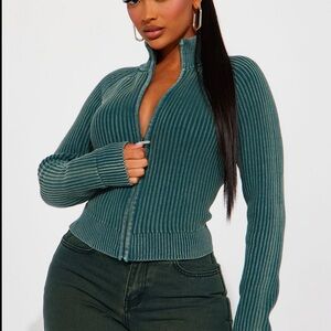 Teal Ribbed Zip-Up Sweater